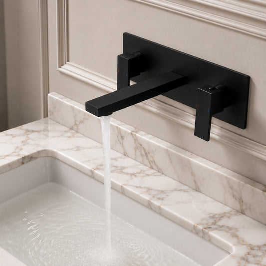 Lagomel wall-mount bathroom faucet in matte black, set in a Modern/Contemporary bathroom