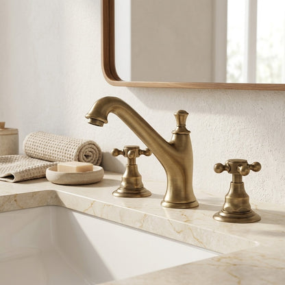 Lagomel widespread bathroom faucet in antique brass, set in a Traditional/Classic/Vintage/Retro bathroom