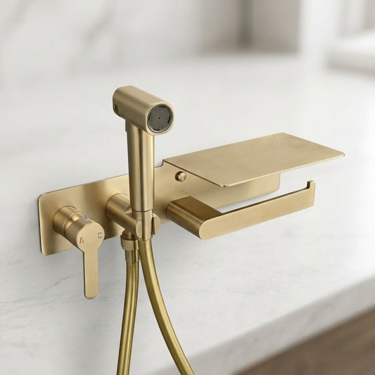 Lagomel wall-mounted single-handle bidet faucet in brushed gold, gunmetal, chrome, matte black, set in a Contemporary bathroom