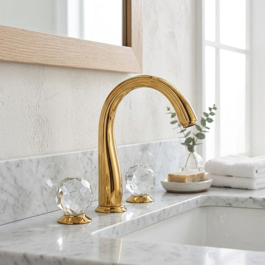 Lagomel widespread bathroom faucet in pvd, set in a Modern/Contemporary bathroom