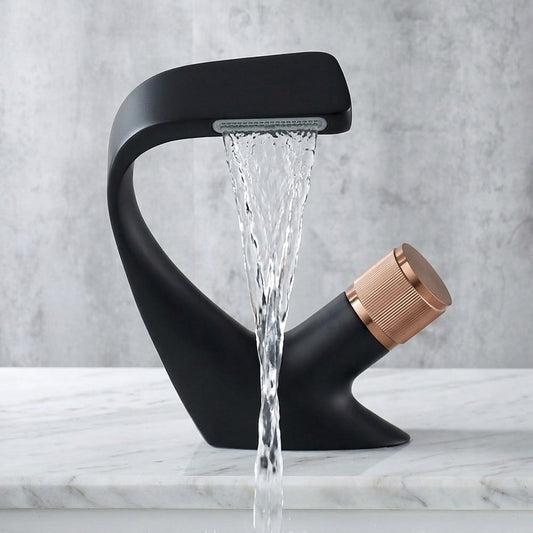 Lagomel waterfall single-hole bathroom faucet in matte black, chrome, brushed gold, gunmetal, matte white, two-tone /, set in a Contemporary/Modern bathroom