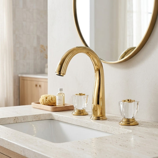 Lagomel widespread bathroom faucet in polished gold, set in a Modern/Contemporary bathroom