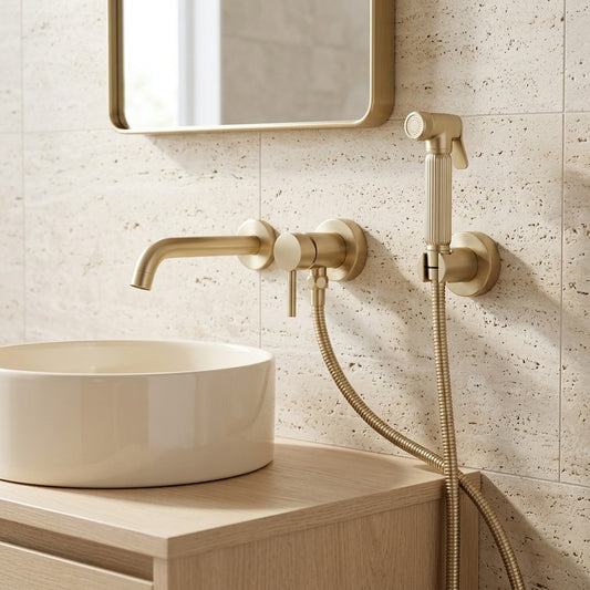 Lagomel wall-mounted single-handle bidet faucet in brushed gold, chrome, gunmetal, matte black, set in a Contemporary bathroom