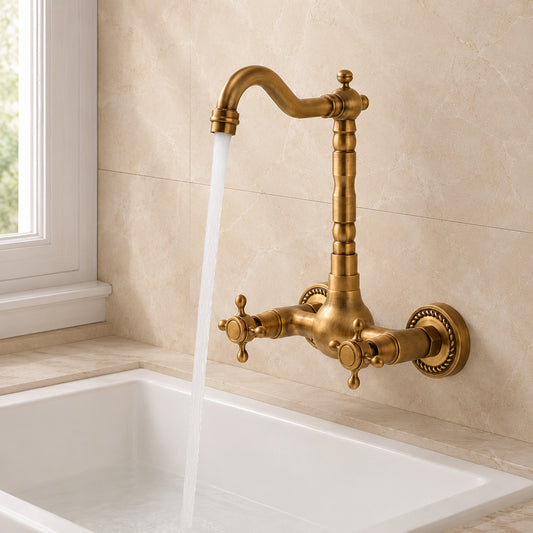 Lagomel wall-mount bathroom faucet in antique brass, brushed nickel, brushed brass, set in a Traditional/Classic/Vintage/Retro bathroom