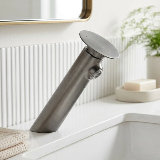 Lagomel single-hole bathroom faucet in brushed gold, brushed nickel, chrome, gunmetal, matte black, matte white, painted, set in a Modern/Contemporary bathroom