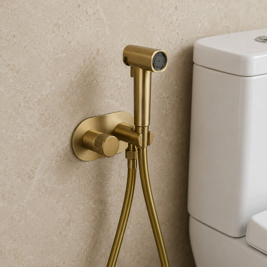 Lagomel wall-mounted bidet faucet in brushed gold, chrome, gunmetal, matte white, matte black, set in a Contemporary/Modern bathroom