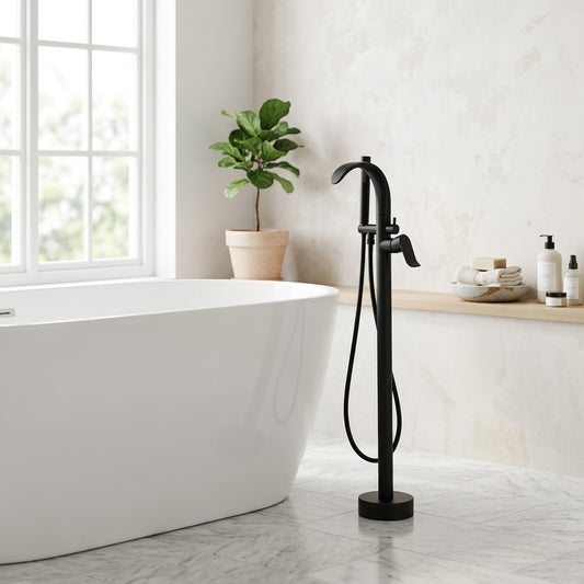 Lagomel waterfall single-handle freestanding tub filler in matte black, set in a Modern/Contemporary bathroom