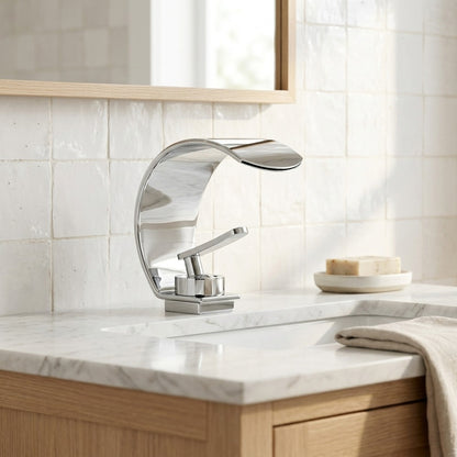 Lagomel waterfall single-hole bathroom faucet, set in a Modern/Minimalist bathroom