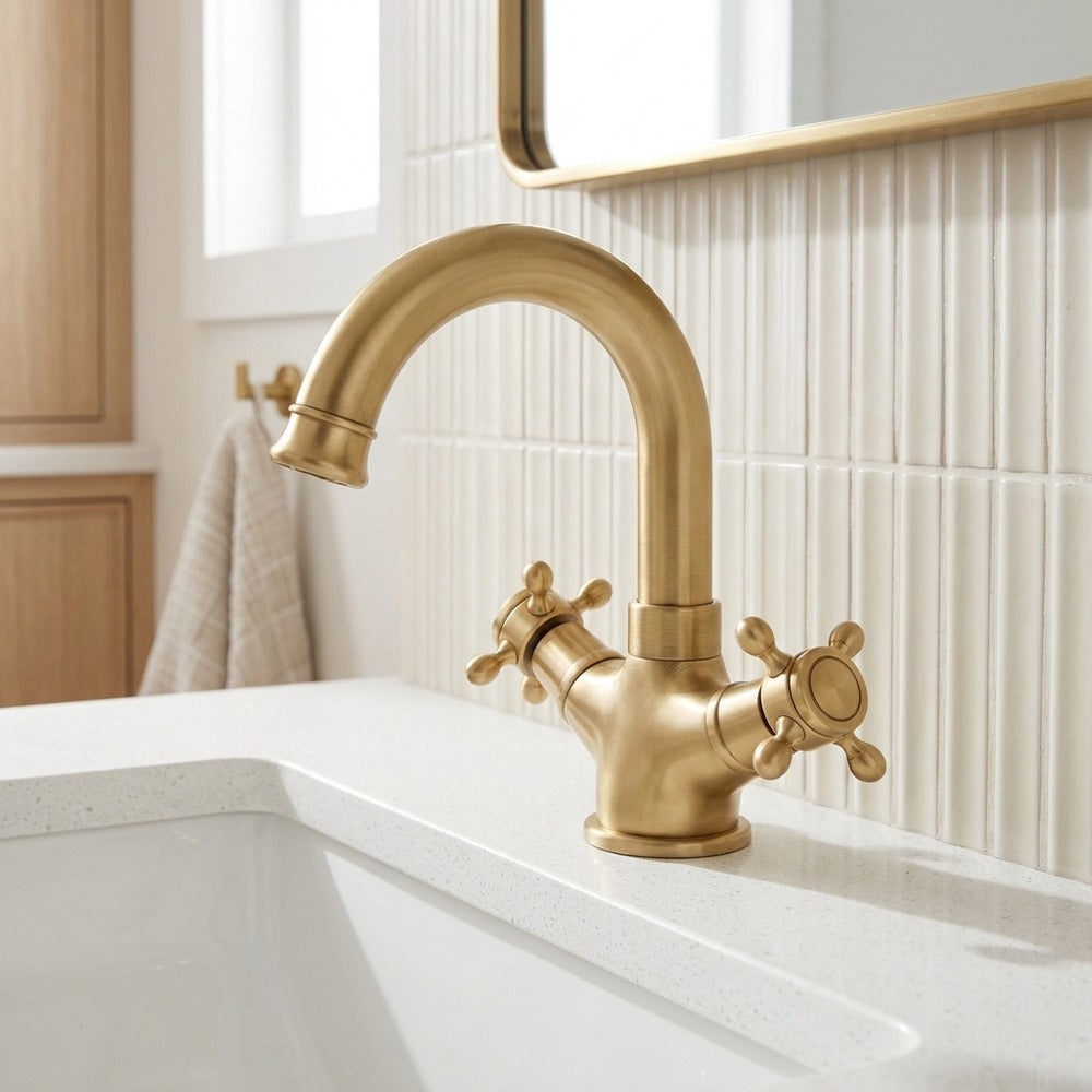 Lagomel single-hole bathroom faucet in antique brass, set in a Traditional/Classic/Vintage/Retro bathroom