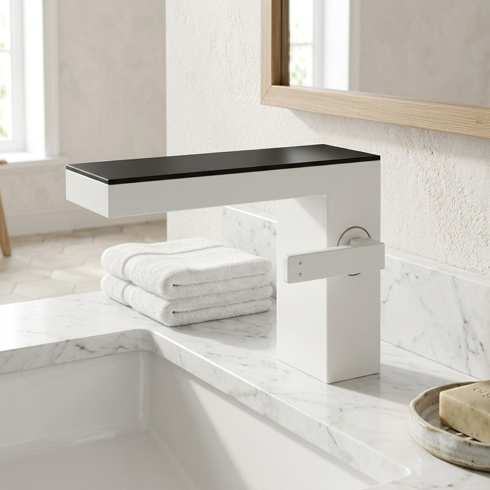Lagomel waterfall single-hole bathroom faucet in matte white, brushed gold, chrome, brushed chrome, set in a Modern/Contemporary bathroom