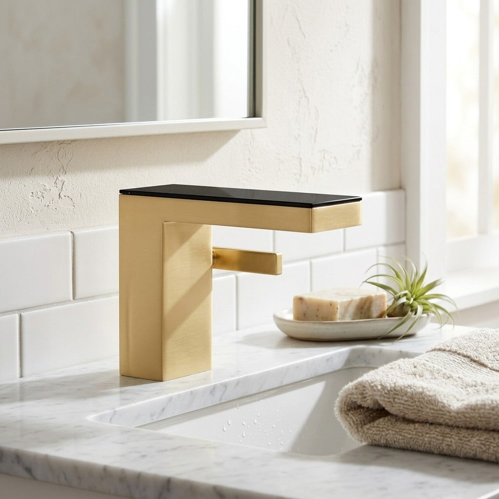 Lagomel waterfall single-hole bathroom faucet, set in a Modern/Minimalist bathroom