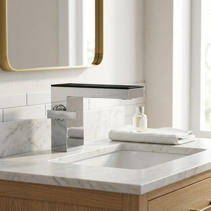 Lagomel waterfall single-hole bathroom faucet, set in a Modern/Minimalist bathroom