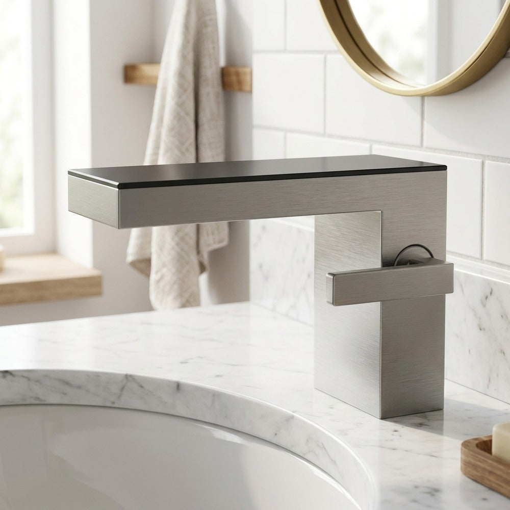 Lagomel waterfall single-hole bathroom faucet, set in a Modern/Minimalist bathroom