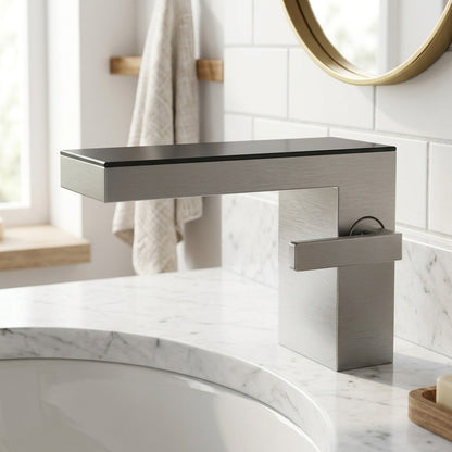 Lagomel waterfall single-hole bathroom faucet, set in a Modern/Minimalist bathroom