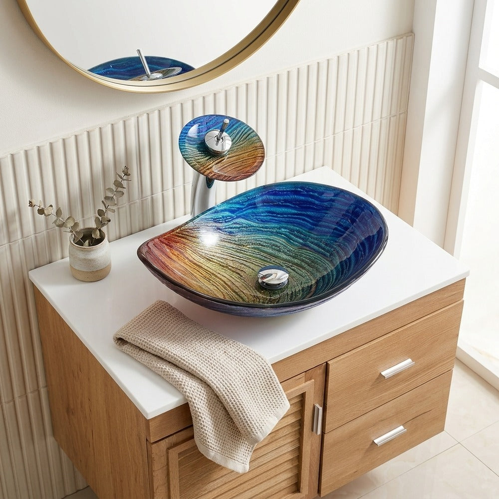 Lagomel waterfall single-handle faucet and sink set in chrome, set in a Contemporary bathroom
