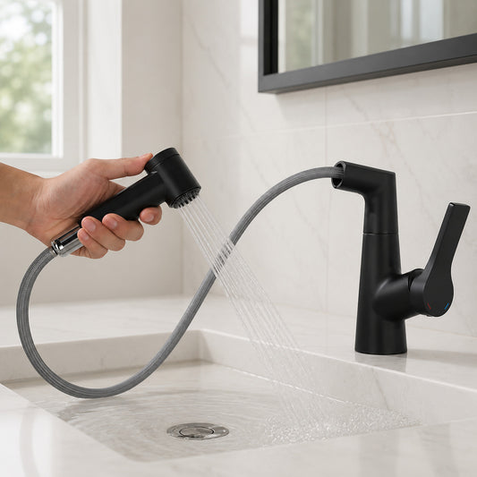 Lagomel single-hole bathroom faucet in matte black, brushed gold, chrome, gunmetal, set in a Modern/Contemporary bathroom