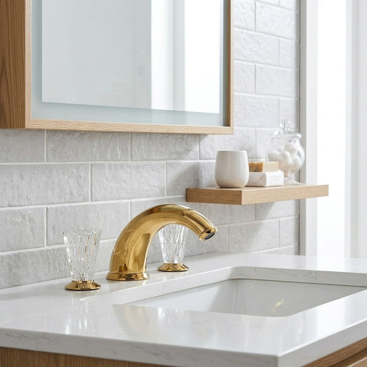 Lagomel widespread bathroom faucet in polished gold, set in a Modern/Contemporary bathroom