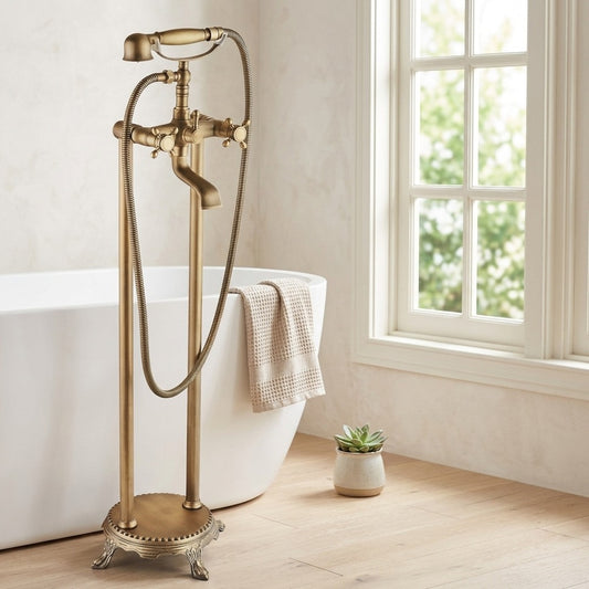 Lagomel freestanding tub filler in antique brass, chrome, matte black, polished gold, set in a Traditional/Classic/Vintage/Retro bathroom