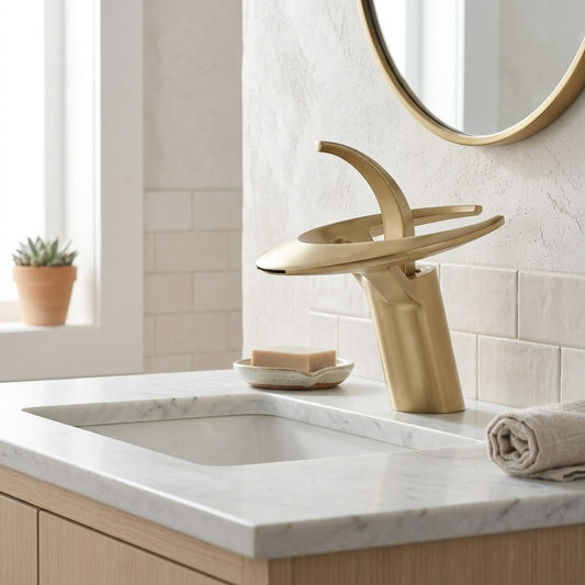 Lagomel waterfall single-hole bathroom faucet in brushed gold, chrome, matte black, matte white, gunmetal, set in a Modern/Contemporary bathroom