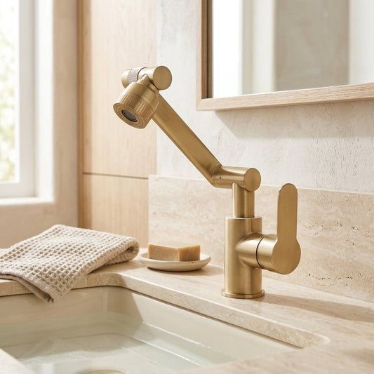 Lagomel single-hole bathroom faucet in antique brass, brushed gold, chrome, gunmetal, matte black, set in a Modern/Contemporary bathroom