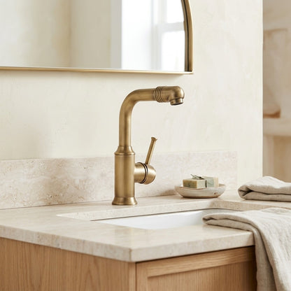 Lagomel single-hole bathroom faucet in antique brass, antique bronze, set in a Traditional/Classic/Vintage/Retro bathroom