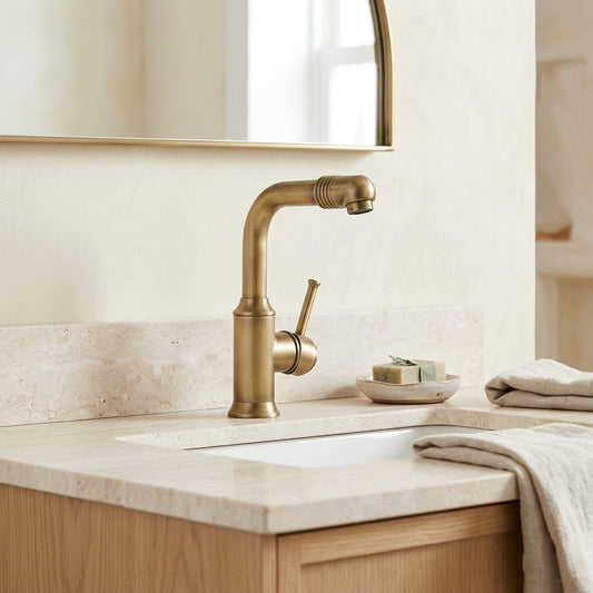 Lagomel single-hole bathroom faucet in antique brass, antique bronze, set in a Traditional/Classic/Vintage/Retro bathroom