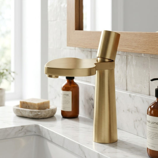 Lagomel waterfall single-hole bathroom faucet in brushed gold, matte black, chrome, matte white, set in a Modern/Contemporary bathroom