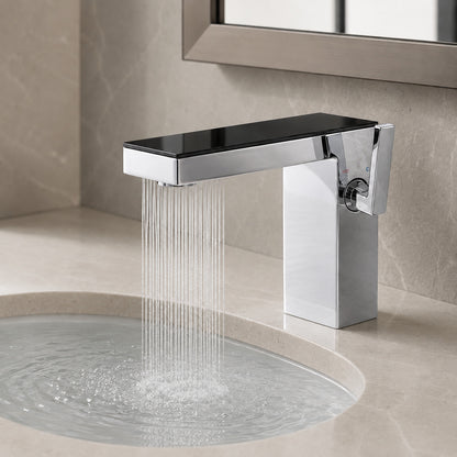 Lagomel waterfall single-hole bathroom faucet in chrome, brushed gold, matte white, set in a Contemporary bathroom
