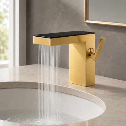 Lagomel waterfall single-hole bathroom faucet, set in a Modern/Minimalist bathroom