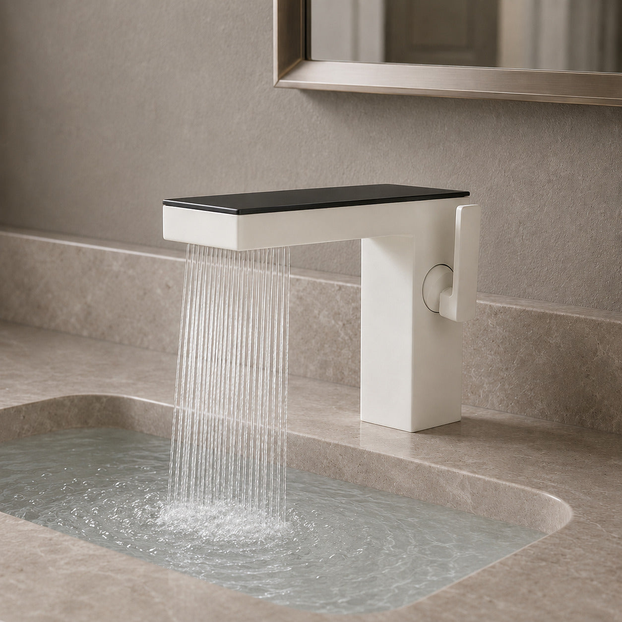 Lagomel waterfall single-hole bathroom faucet, set in a Modern/Minimalist bathroom