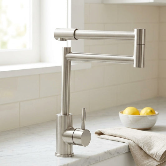 Lagomel single-handle pot filler in brushed nickel, set in a Modern kitchen