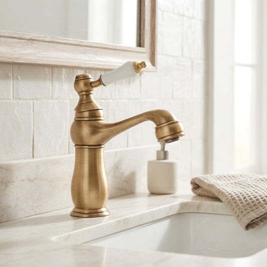 Lagomel single-hole bathroom faucet in antique brass, chrome, polished gold, two-tone / mixed finish, set in a Traditional/Classic bathroom