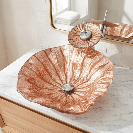 Lagomel waterfall single-handle faucet and sink set in chrome, rose gold, set in a Contemporary bathroom