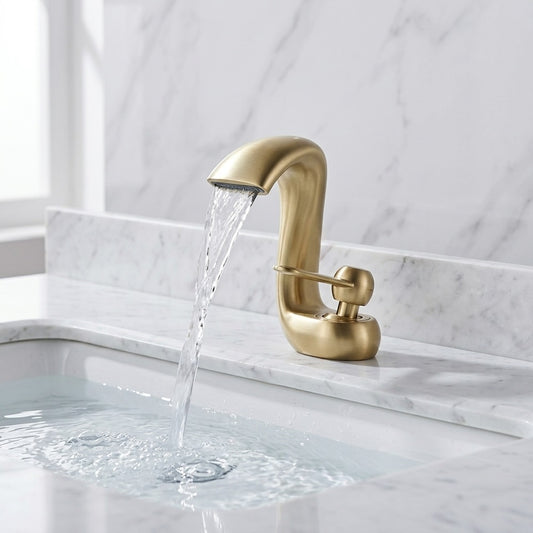 Lagomel waterfall single-hole bathroom faucet in antique brass, brushed gold, brushed nickel, set in a Modern/Contemporary bathroom