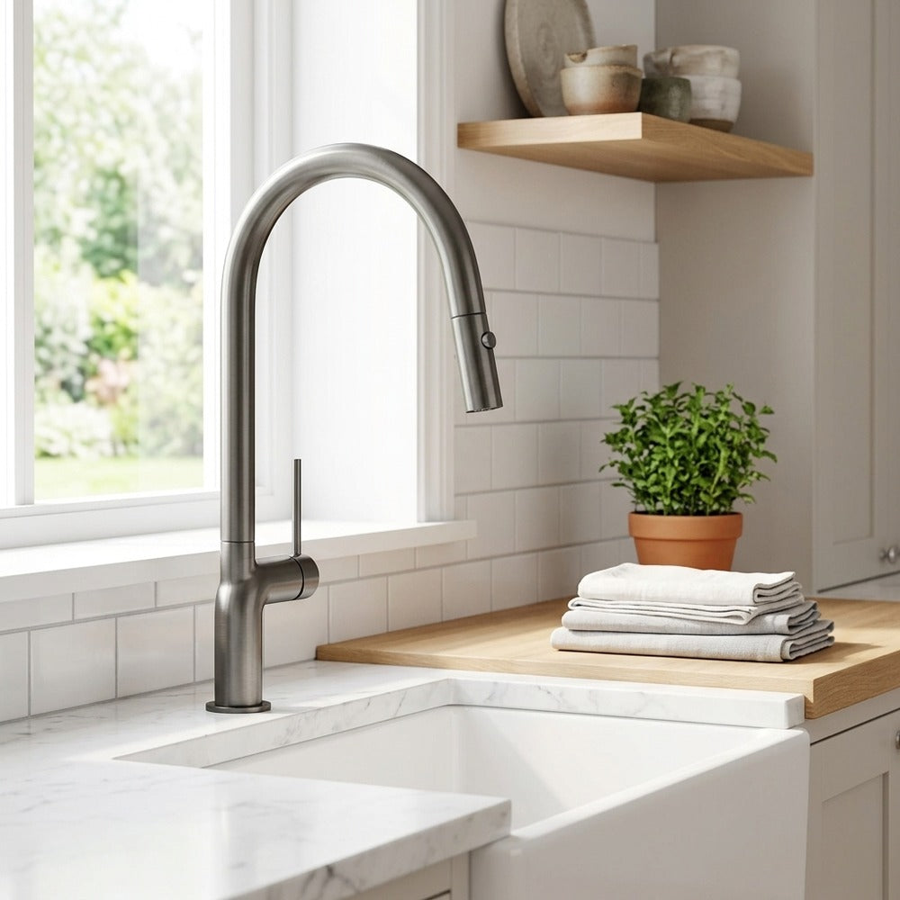 Lagomel single-hole single-handle pull-down kitchen faucet in gunmetal, rose gold, chrome, set in a Modern kitchen