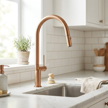 Lagomel single-hole single-handle pull-down kitchen faucet, set in a Modern kitchen