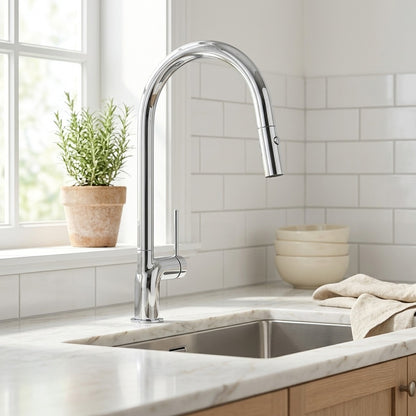 Lagomel single-hole single-handle pull-down kitchen faucet, set in a Modern kitchen