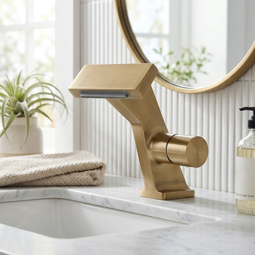 Lagomel waterfall single-hole bathroom faucet in antique brass, brushed gold, chrome, gunmetal, matte black, matte white, set in a Modern/Contemporary bathroom