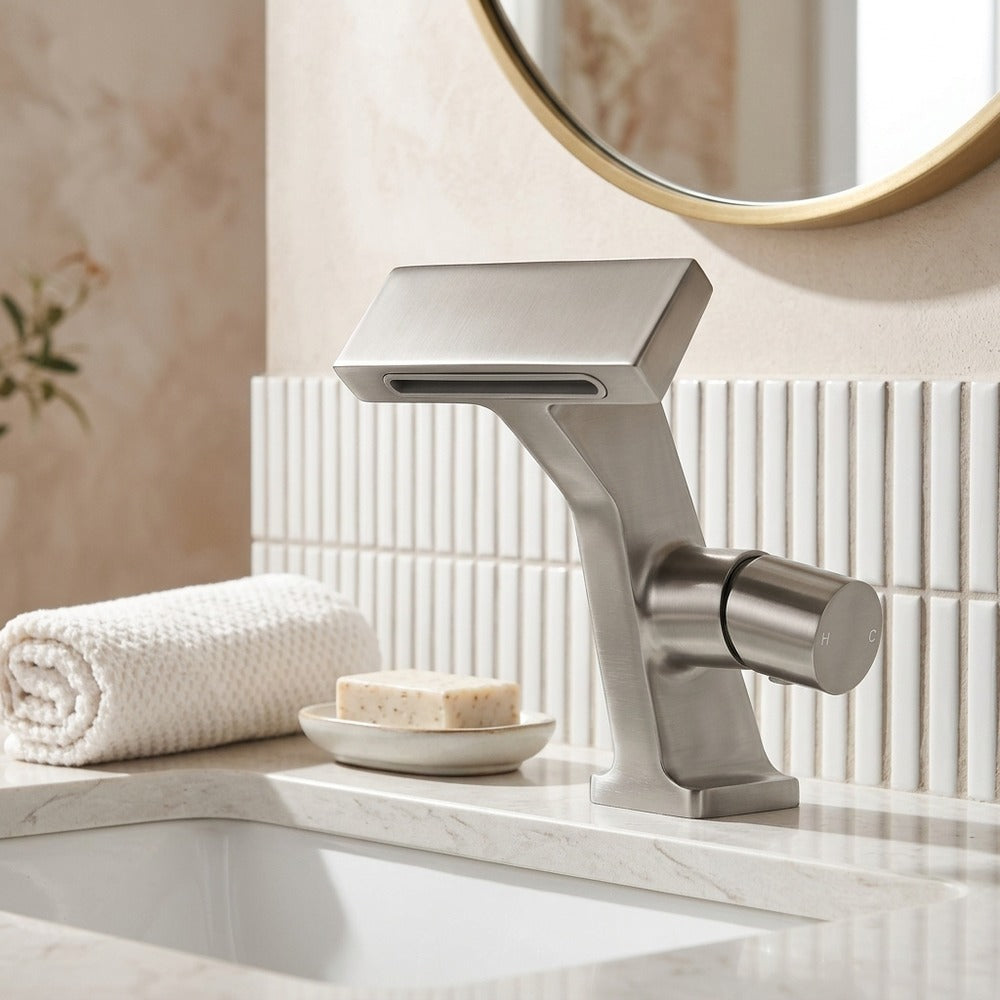 Lagomel waterfall single-hole bathroom faucet, set in a Modern/Minimalist bathroom