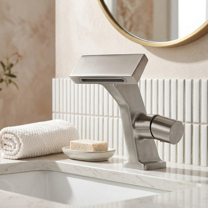 Lagomel waterfall single-hole bathroom faucet, set in a Modern/Minimalist bathroom