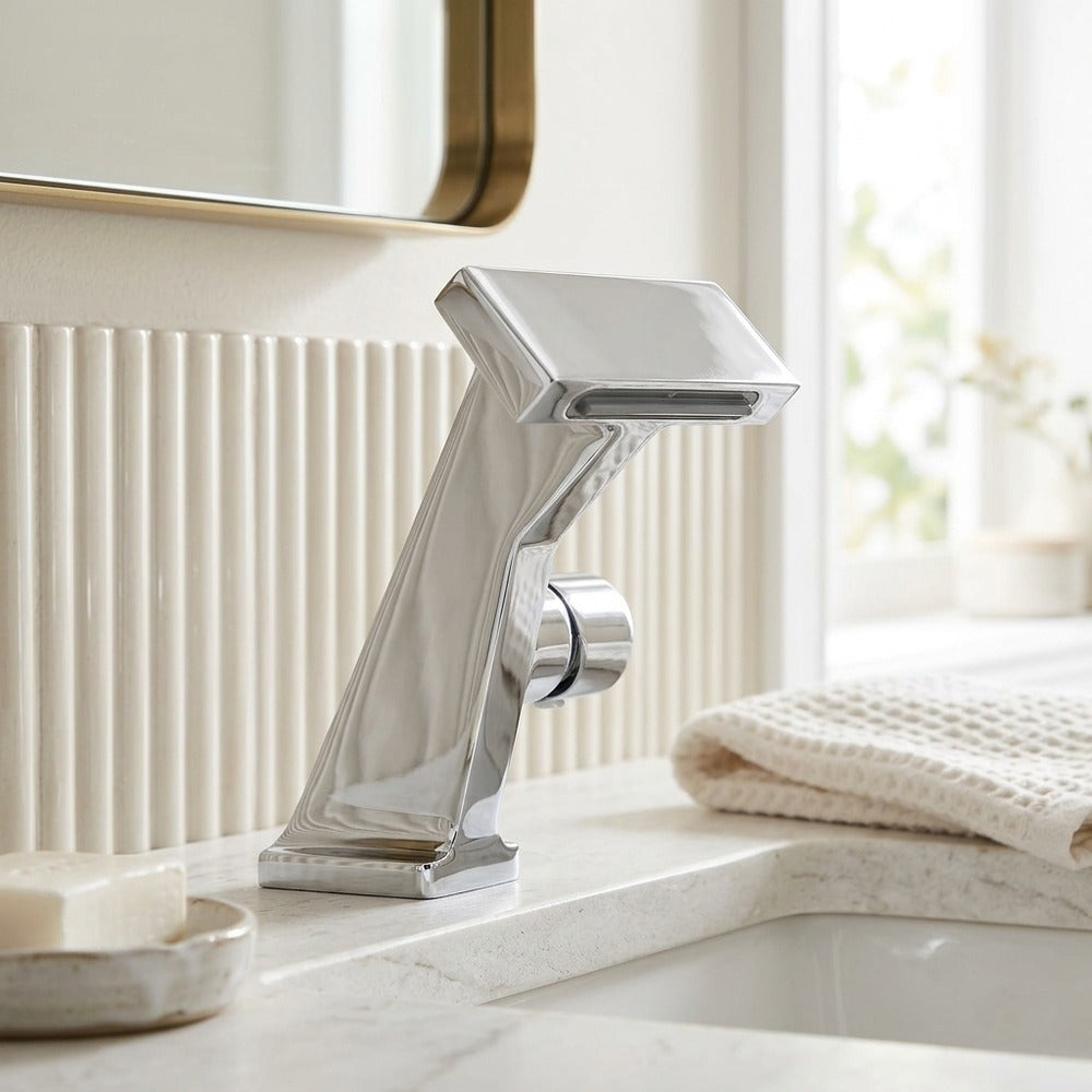 Lagomel waterfall single-hole bathroom faucet, set in a Modern/Minimalist bathroom