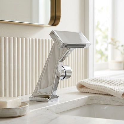 Lagomel waterfall single-hole bathroom faucet, set in a Modern/Minimalist bathroom