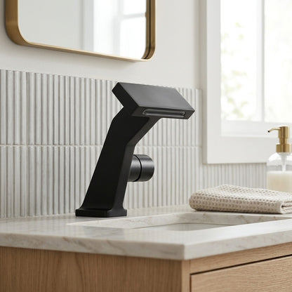 Lagomel waterfall single-hole bathroom faucet, set in a Modern/Minimalist bathroom