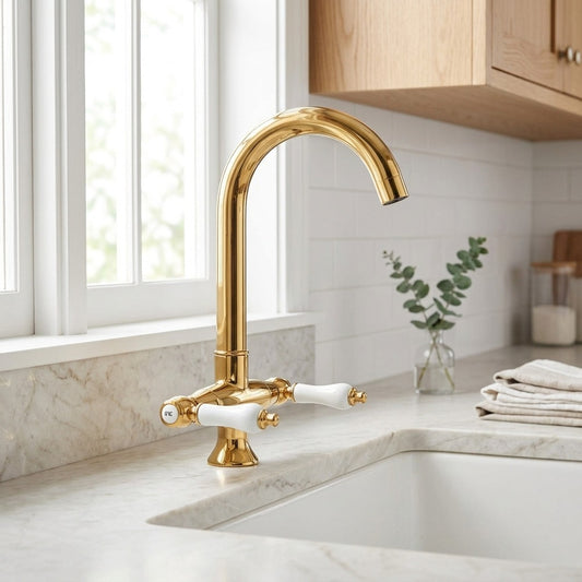 Lagomel single-hole two-handle kitchen faucet in chrome, polished gold, set in a Traditional/Classic/Vintage/Retro kitchen