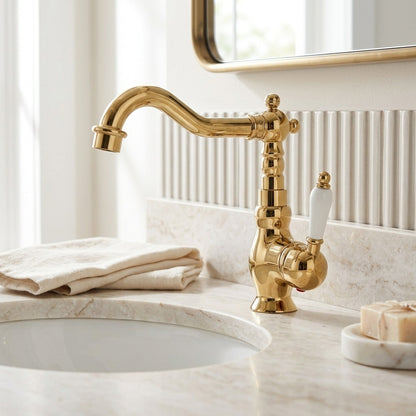 Lagomel single-hole bathroom faucet in antique brass, chrome, gunmetal, matte white, polished gold, set in a Traditional/Classic bathroom