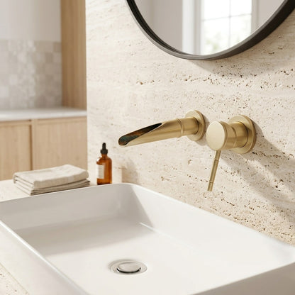 Lagomel waterfall single-handle wall-mount bathroom faucet, set in a Modern/Vintage/Retro bathroom