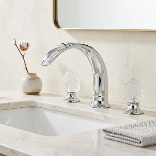 Lagomel widespread bathroom faucet in chrome, set in a Vintage/Retro bathroom