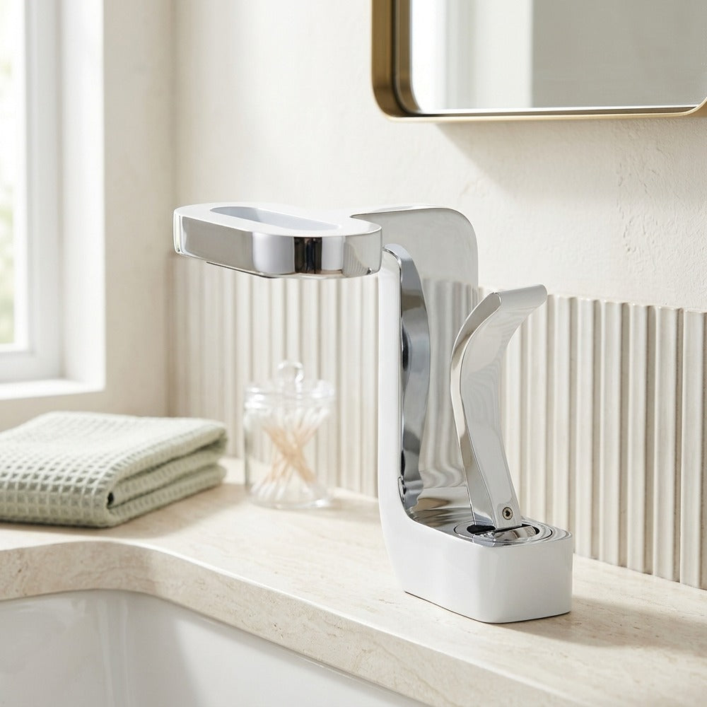 Lagomel waterfall single-hole bathroom faucet in matte black, matte white, gunmetal, two-tone / mixed finish, set in a Modern/Contemporary bathroom