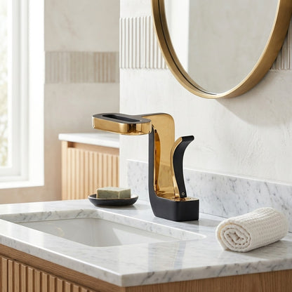 Lagomel waterfall single-hole bathroom faucet, set in a Modern/Minimalist bathroom