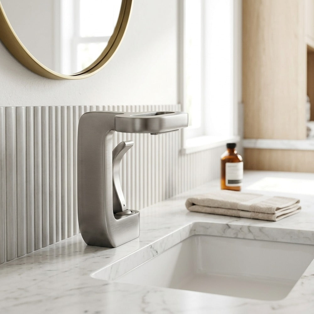 Lagomel waterfall single-hole bathroom faucet, set in a Modern/Minimalist bathroom